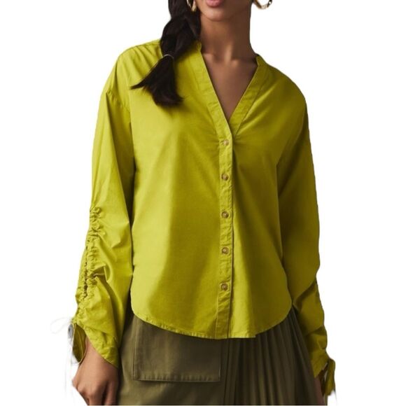 Pilcro Drawstring Poplin Blouse Green Button-Up Ruched Sleeve Oversized sz XXS - Picture 1 of 9